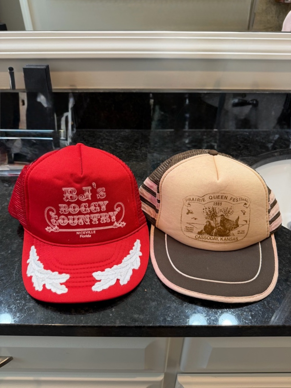 2 vintage Embroidered Trucker Hats with fun Accents